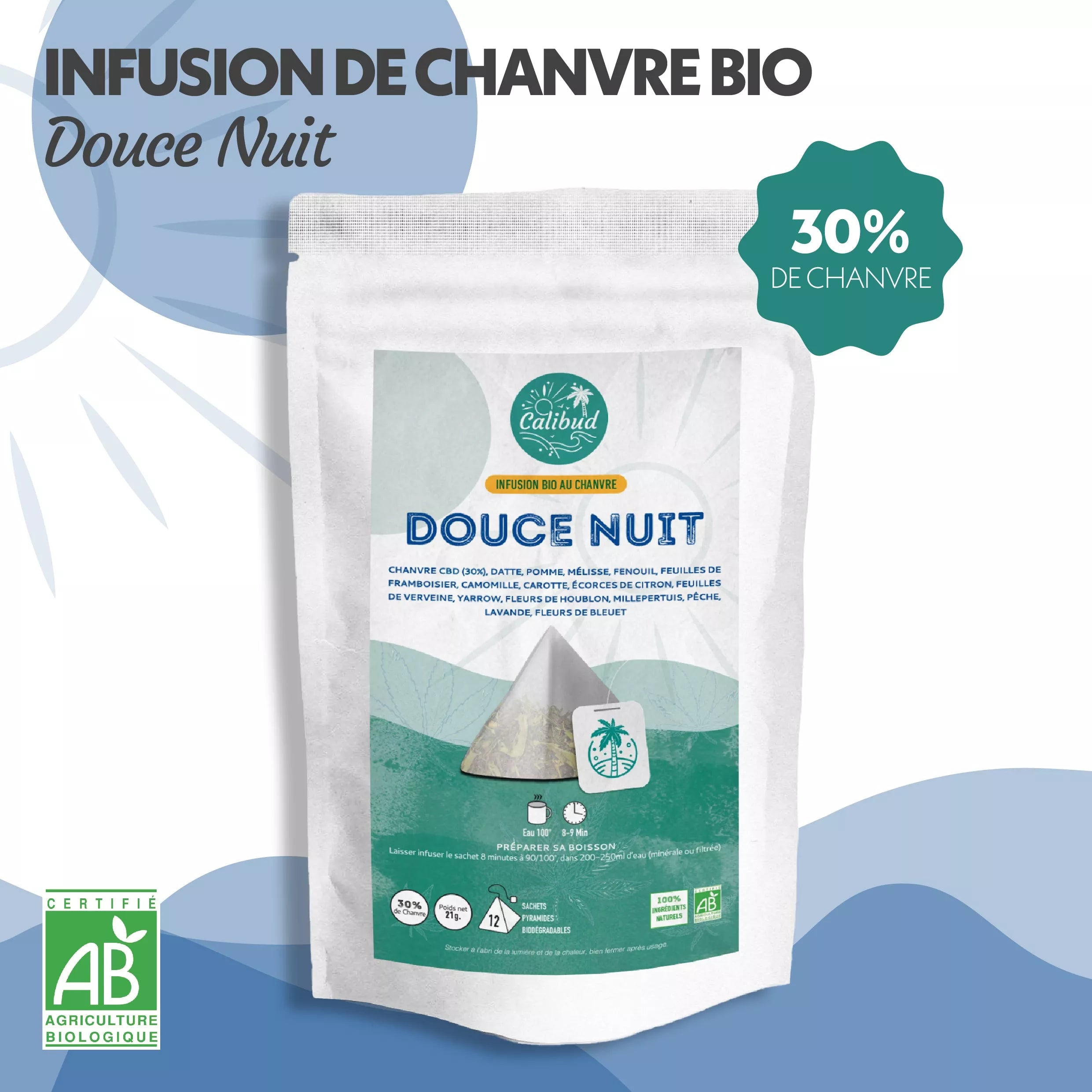 Infusion Douce nuit CBD Infusion chanvre Infusions bio CBD sachet pyramide CBD Calibud CBD Marseille